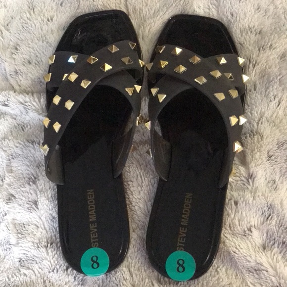 black & Gold pyramid spike cross strap sandals 8 sheer jelly Steve Madden NEW - Picture 3 of 7